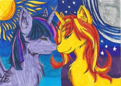 Size: 963x680 | Tagged: safe, artist:tenebrae, imported from derpibooru, sunset shimmer, twilight sparkle, alicorn, pony, unicorn, female, lesbian, mare, markers, shipping, sunsetsparkle, traditional art, twilight sparkle (alicorn)