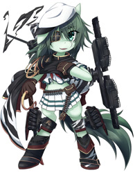 Size: 965x1236 | Tagged: safe, artist:roshichen, imported from derpibooru, earth pony, pony, semi-anthro, belt, beret, bipedal, boots, bullet, cape, clothes, cute, cutlass, eyepatch, gloves, green eyes, green hair, green mane, hat, kantai collection, kiso, kuma class light cruiser, miniskirt, pauldron, pleated skirt, ponified, rigging, sailor uniform, shipmare, shoes, skirt, solo, sword, torpedo cruiser, weapon