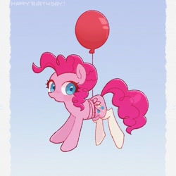 Size: 768x768 | Tagged: safe, artist:yukutamil, imported from derpibooru, pinkie pie, earth pony, pony, balloon, clothes, colored pupils, cute, diapinkes, female, floating, gradient background, mare, socks, solo, then watch her balloons lift her up to the sky