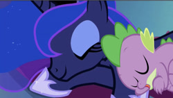 Size: 642x362 | Tagged: safe, edit, edited screencap, editor:undeadponysoldier, imported from derpibooru, screencap, princess luna, spike, alicorn, dragon, do princesses dream of magic sheep, clothes, cute, daaaaaaaaaaaw, eyes closed, female, hoof pillow, male, mare, open mouth, shipping, sleeping, sleeping together, spikelove, spiluna, stars in mane, straight