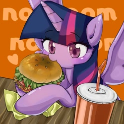 Size: 1000x1000 | Tagged: safe, artist:770nanao15, imported from derpibooru, twilight sparkle, alicorn, pony, burger, cute, drink, ear fluff, female, food, hay burger, heart, nom, orange background, simple background, soda, solo, spread wings, straw, that pony sure does love burgers, this will end in weight gain, twiabetes, twilight burgkle, twilight sparkle (alicorn), wings