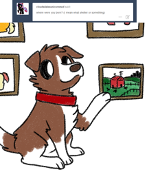 Size: 800x920 | Tagged: safe, artist:askwinonadog, imported from derpibooru, winona, dog, ask winona, ask, barn, female, picture frame, simple background, sitting, solo, tumblr, white background