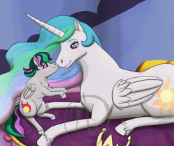 Size: 2500x2100 | Tagged: safe, artist:azurllinate, imported from derpibooru, princess celestia, oc, oc:luminara, oc:princess luminara, alicorn, horse, pony, alicorn oc, bed, blushing, blushing profusely, boop, celestia's bedroom, cloven hooves, crown, female, filly, foal, futurehooves, hoers, jewelry, laying on bed, laying on stomach, legs in air, lying on bed, mare, momlestia, mother and daughter, multicolored mane, multicolored tail, mwah, next gen:futurehooves, next generation, offspring, parent and foal, parent:good king sombra, parent:king sombra, parent:princess celestia, parents:celestibra, pink eyes, princess celestia is a horse, prone, purple eyes, regalia, sitting, smiling