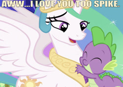 Size: 597x422 | Tagged: safe, edit, edited screencap, editor:undeadponysoldier, imported from derpibooru, screencap, princess celestia, spike, alicorn, dragon, pony, celestial advice, adorable face, caption, cropped, crown, cute, daaaaaaaaaaaw, female, happy, hug, image macro, jewelry, looking down, male, mare, momlestia, motherly love, open mouth, regalia, shipping, smiling, spikelestia, spikelove, spread wings, straight, text, wings