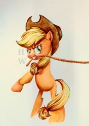 Size: 1539x2182 | Tagged: source needed, safe, artist:hu乘云, imported from derpibooru, applejack, pony, bipedal, cowboy, cowboy hat, female, hat, mouth hold, pulling, rope, solo