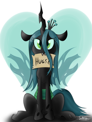 Size: 1080x1425 | Tagged: safe, artist:sadtrooper, imported from derpibooru, queen chrysalis, changeling, changeling queen, bronybait, crown, cute, cutealis, eye clipping through hair, female, heart, hug request, hugs 4 bugs, hugs?, jewelry, mouth hold, quadrupedal, regalia, signature, sitting, solo