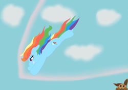 Size: 1280x905 | Tagged: safe, artist:sharpiesketches, imported from derpibooru, rainbow dash, pegasus, pony, cloud, flying, logo, shockwave, simple background, smiling, smirk, solo, sonic rainboom, sound barrier