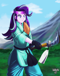 Size: 3200x4000 | Tagged: safe, artist:danmakuman, imported from derpibooru, starlight glimmer, equestria girls, absurd resolution, clothes, commission, female, headband, martial arts, naginata, outdoors, solo, spear, weapon