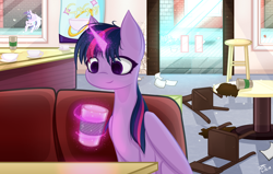 Size: 7846x5000 | Tagged: safe, artist:kids-in-the-corner, artist:those kids in the corner, imported from derpibooru, starlight glimmer, twilight sparkle, alicorn, pony, absurd resolution, alicornified, blast, booth, brick wall, chair, chaos, coffee, coffee shop, duo, female, fight, glowing horn, horn, levitation, magic, magic blast, mare, offscreen character, paper, race swap, smiling, spilled drink, starlicorn, stool, table, telekinesis, twilight sparkle (alicorn), wallpaper, wings, xk-class end-of-the-world scenario