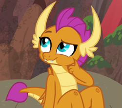 Size: 813x720 | Tagged: safe, imported from derpibooru, screencap, smolder, dragon, sweet and smoky, claws, cropped, cute, dragoness, fangs, female, folded wings, horns, looking up, raised eyebrow, sitting, smolderbetes, solo, teenaged dragon, teenager, thinking, wings