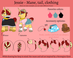 Size: 4088x3270 | Tagged: safe, artist:69beas, imported from derpibooru, oc, oc only, oc:jessie feuer, pony, unicorn, accessories, accessory, clothes, coat, collar, colored hooves, digital art, ear piercing, earring, female, hairstyle swap, hat, jewelry, lidded eyes, mare, miniskirt, piercing, pleated skirt, raised hoof, reference sheet, saddle bag, shoes, skirt, socks, solo, text