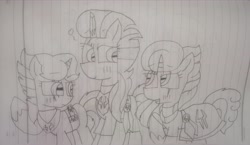 Size: 4990x2889 | Tagged: safe, artist:徐詩珮, imported from derpibooru, glitter drops, spring rain, tempest shadow, unicorn, comic:the storm kingdom, my little pony: the movie, alternate hairstyle, alternate timeline, alternate universe, armor, blushing, broken horn, female, general tempest shadow, glittershadow, horn, lesbian, lineart, mare, polyamory, shipping, springdrops, springshadow, springshadowdrops, traditional art, trio, trio female