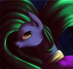 Size: 1028x975 | Tagged: safe, artist:voidsucre, imported from derpibooru, mane-iac, pony, abstract background, clothes, costume, female, looking at you, mare, profile, solo