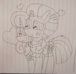 Size: 2857x2785 | Tagged: safe, artist:徐詩珮, imported from derpibooru, glitter drops, tempest shadow, unicorn, my little pony: the movie, armor, blushing, broken horn, female, glittershadow, heart, horn, hug, lesbian, lineart, mare, shipping, traditional art