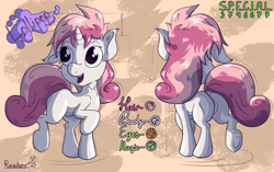 Size: 5602x3518 | Tagged: safe, artist:rainihorn, imported from derpibooru, oc, oc only, oc:lollipop, pony, unicorn, colt, femboy, foal, male, offspring, parent:button mash, parent:sweetie belle, parents:sweetiemash, reference, s.p.e.c.i.a.l., solo, text