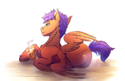 Size: 2560x1657 | Tagged: safe, artist:1an1, imported from derpibooru, oc, oc only, oc:ricochet, pegasus, pony, drink, glass, juice, male, simple background, solo, straw, underhoof, unshorn fetlocks, white background, ych result