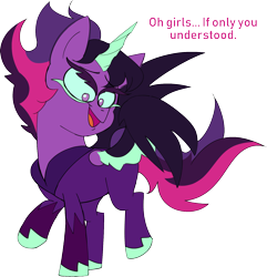 Size: 1546x1603 | Tagged: safe, artist:taaffeiite, deleted from derpibooru, derpibooru exclusive, imported from derpibooru, sci-twi, twilight sparkle, pony, equestria girls, bodysuit, dialogue, equestria girls ponified, female, mare, midnight sparkle, offscreen character, open mouth, ponified, raised hoof, simple background, spread wings, text, transparent background, wings