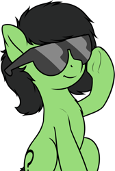 Size: 1494x2219 | Tagged: safe, artist:smoldix, imported from derpibooru, oc, oc only, oc:filly anon, pony, female, filly, glasses, raised hoof, simple background, sitting, smiling, solo, sunglasses, transparent background, underhoof