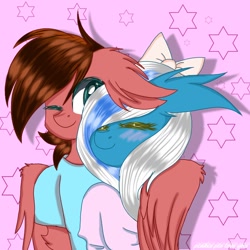 Size: 768x768 | Tagged: safe, artist:pinkiepiloveyou, imported from derpibooru, oc, oc only, oc:crimsonwing, oc:fleurbelle, alicorn, anthro, pegasus, abstract background, alicorn oc, blushing, bow, clothes, eyes closed, female, fleurwing, hair bow, hug, male, mare, oc x oc, one eye closed, ribbon, shipping, stars, straight, winghug