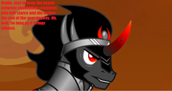 Size: 1328x704 | Tagged: safe, edit, edited screencap, imported from derpibooru, screencap, king sombra, pony, the crystal empire, armor, bags under eyes, black mane, castlevania, castlevania (netflix), comic, dracula, gray coat, impact font, male, male focus, offscreen character, red eyes, reference, screencap comic, solo focus, stallion, tl;dr