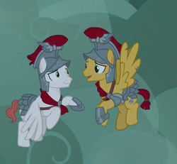 Size: 611x564 | Tagged: safe, imported from derpibooru, screencap, albus, flash magnus, pegasus, pony, campfire tales, armor, cropped, duo, flying, helmet, hoof shoes, male, smiling, stallion, wings