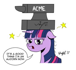 Size: 1024x941 | Tagged: safe, artist:cartoon-eric, imported from derpibooru, twilight sparkle, alicorn, pony, abuse, acme, anvil, cartoon violence, cracked, female, pain star, simple background, solo, speech bubble, stars, twilight is not amused, twilight sparkle (alicorn), twilight sparkle is not amused, twilybuse, unamused, white background