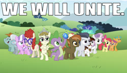 Size: 635x363 | Tagged: safe, edit, edited screencap, editor:undeadponysoldier, imported from derpibooru, screencap, apple bloom, button mash, diamond tiara, pipsqueak, rumble, scootaloo, silver spoon, snails, snips, spike, sweetie belle, twist, zippoorwhill, dragon, earth pony, pegasus, pony, unicorn, beanie, bush, button's hat, caption, children, colt, confidence, confident, crossed arms, cutie mark, cutie mark crusaders, exploitable meme, female, field, filly, foal, gem, glasses, hat, image macro, jewelry, make it happen, male, meme, mountain, necklace, pearl necklace, raised hand, raised hoof, sapphire, text, the cmc's cutie marks, they grow up so fast, tiara, unite