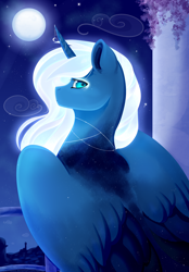 Size: 4800x6900 | Tagged: safe, artist:isorrayi, imported from derpibooru, princess luna, alicorn, pony, absurd resolution, bust, cloud, cute, ethereal mane, facing away, female, glowing mane, lunabetes, mare, moon, night, portrait, profile, solo, stars