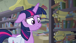 Size: 1280x720 | Tagged: safe, imported from derpibooru, screencap, twilight sparkle, alicorn, pony, the point of no return, book, bookshelf, female, floppy ears, mare, saddle bag, scroll, solo, sweat, twilight sparkle (alicorn)