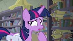 Size: 1280x720 | Tagged: safe, imported from derpibooru, screencap, twilight sparkle, alicorn, pony, the point of no return, book, bookshelf, female, mare, saddle bag, scroll, solo, twilight sparkle (alicorn)