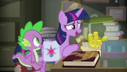 Size: 1920x1080 | Tagged: safe, imported from derpibooru, screencap, spike, twilight sparkle, alicorn, dragon, the point of no return, bits, book, bookshelf, lamp, money, saddle bag, scroll, twilight sparkle (alicorn), winged spike, wings