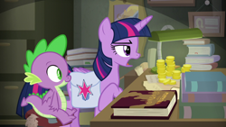 Size: 1280x720 | Tagged: safe, imported from derpibooru, screencap, spike, twilight sparkle, alicorn, dragon, the point of no return, bits, book, bookshelf, lamp, money, saddle bag, scroll, twilight sparkle (alicorn), winged spike, wings