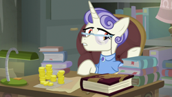 Size: 1920x1080 | Tagged: safe, imported from derpibooru, screencap, first folio, pony, the point of no return, bits, book, bookshelf, female, lamp, money, solo