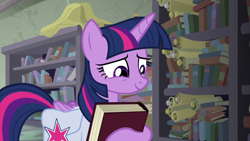 Size: 1920x1080 | Tagged: safe, imported from derpibooru, screencap, twilight sparkle, alicorn, pony, the point of no return, book, bookshelf, female, mare, saddle bag, scroll, solo, twilight sparkle (alicorn)