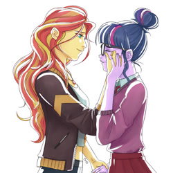 Size: 1000x1000 | Tagged: safe, artist:pyroprye, imported from derpibooru, sci-twi, sunset shimmer, twilight sparkle, human, equestria girls, clothes, comforting, crying, duo, eyes closed, female, geode of empathy, glasses, hair bun, holding hands, jacket, leather jacket, looking at each other, magical geodes, midriff, necktie, simple background, white background