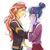 Size: 1000x1000 | Tagged: safe, artist:pyroprye, imported from derpibooru, sci-twi, sunset shimmer, twilight sparkle, human, equestria girls, clothes, comforting, crying, duo, eyes closed, female, geode of empathy, glasses, hair bun, holding hands, jacket, leather jacket, looking at each other, magical geodes, midriff, necktie, simple background, white background
