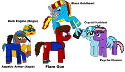 Size: 2256x1306 | Tagged: safe, artist:megasean45, imported from derpibooru, oc, oc:aquatic armor, oc:blaze goldheart, oc:crimson flare gun, oc:crystal iceblast, oc:dark engine, oc:flare gun, oc:psyche illusion, earth pony, pegasus, phoenix, pony, unicorn, annoyed, armor, clothes, computer mouse, gloves, goggles, helmet, phone, selfie, shoes, shy, smiling, stars, tongue out, uniform, vest, wonderbolts, wonderbolts uniform