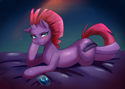 Size: 840x600 | Tagged: safe, artist:tzc, imported from derpibooru, fizzlepop berrytwist, tempest shadow, pony, unicorn, my little pony: the movie, bedroom eyes, blushing, broken horn, cute, female, hoof on cheek, horn, mare, prone, seductive, seductive look, seductive pose, sexy, smiling, smirk, solo, stupid sexy tempest shadow, tempestbetes