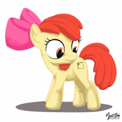 Size: 1250x1250 | Tagged: safe, alternate version, artist:mysticalpha, imported from derpibooru, apple bloom, earth pony, pony, apple bloom's bow, bow, broken image, cutie mark, do not want, female, filly, hair bow, looking back, simple background, solo, white background
