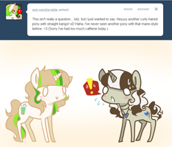 Size: 899x771 | Tagged: safe, artist:laceymod, imported from derpibooru, oc, oc only, oc:lovelace, oc:vanilla latte, pony, unicorn, ask lovelace, chibi, female, mare