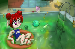Size: 2500x1627 | Tagged: safe, artist:mistleinn, imported from derpibooru, oc, oc only, oc:rampage, earth pony, pony, fallout equestria, fallout equestria: project horizons, alternate hairstyle, clothes, fanfic art, female, pink eyes, radioactive, red hair, solo, swimming pool, swimsuit, water