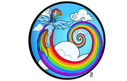 Size: 1280x820 | Tagged: safe, artist:dawn-designs-art, imported from derpibooru, rainbow dash, pegasus, pony, behind, circle, cloud, female, flying, rainbow, rainbow trail, sky, solo, spiral
