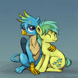Size: 1066x1066 | Tagged: safe, artist:el-yeguero, imported from derpibooru, gallus, sandbar, earth pony, griffon, pony, gallbar, gay, male, shipping, simple background, sitting