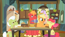 Size: 1259x708 | Tagged: safe, imported from derpibooru, screencap, apple bloom, applejack, big macintosh, granny smith, earth pony, pony, going to seed, blueberry syrup, breakfast, female, filly, foal, food, kitchen, male, mare, mouth hold, pancakes, sleepy, stallion, syrup, tired