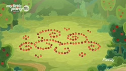 Size: 1664x940 | Tagged: safe, imported from derpibooru, screencap, going to seed, all new, apple, apple tree, arabesque pattern, clearing, discovery family logo, food, logo, my little pony logo, no pony, sweet apple acres, text, tree