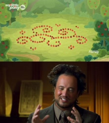 Size: 1664x1880 | Tagged: safe, edit, edited screencap, imported from derpibooru, screencap, going to seed, ancient aliens, apple, apple tree, arabesque pattern, discovery family logo, food, giorgio a. tsoukalos, meme, no pony, tree