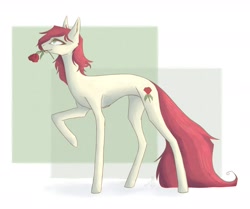 Size: 1280x1070 | Tagged: artist needed, safe, artist:haru_s, imported from derpibooru, roseluck, earth pony, pony, abstract background, concave belly, female, flower, flower in mouth, looking up, mare, raised hoof, rose, rose in mouth, solo, thin legs