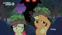 Size: 1672x940 | Tagged: safe, imported from derpibooru, screencap, apple bloom, applejack, big macintosh, the great seedling, earth pony, pony, going to seed, season 9, spoiler:s09, apple sisters, female, filly, foal, helmet, mare, night, raised hoof, red eyes, scared
