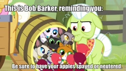 Size: 960x540 | Tagged: safe, edit, edited screencap, imported from derpibooru, screencap, goldie delicious, granny smith, cat, earth pony, pony, siamese cat, going to seed, animal, apple, barrel, caption, female, food, goldie delicious' cats, image macro, mare, text, too many cats