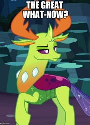 Size: 500x696 | Tagged: safe, edit, edited screencap, imported from derpibooru, screencap, thorax, changedling, changeling, going to seed, uprooted, caption, conspiracy theory, cropped, image macro, implied great seedling, king thorax, male, solo, text, thorax is not amused